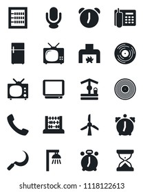 Set of vector isolated black icon - alarm clock vector, abacus, well, sickle, vinyl, tv, microphone, call, office phone, fireplace, outdoor lamp, fridge, windmill, sand