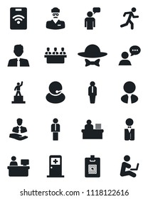 Set of vector isolated black icon - medical room vector, manager, speaking man, pedestal, place, run, doctor, support, client, speaker, identity card, desk, meeting, estate agent, waiter, dress code
