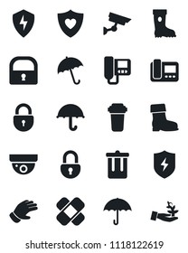 Set of vector isolated black icon - umbrella vector, trash bin, lock, glove, boot, patch, heart shield, protect, intercome, water filter, surveillance, palm sproute