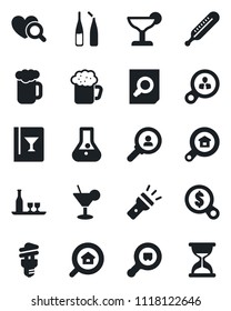Set of vector isolated black icon - document search vector, thermometer, heart diagnostic, ampoule, cargo, torch, estate, alcohol, wine card, cocktail, beer, energy saving bulb, consumer, money