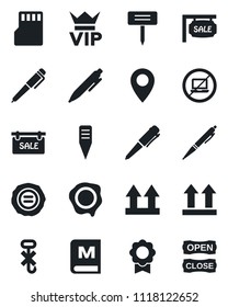 Set of vector isolated black icon - no laptop vector, vip, pen, stamp, plant label, pin, up side sign, hook, sd, sertificate, sale, menu, open close