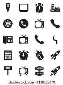 Set of vector isolated black icon - alarm clock vector, phone, tv, abacus, stamp, sickle, plant label, flame disk, call, office, open close, rocket