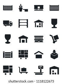 Set of vector isolated black icon - baggage trolley vector, railroad, cargo container, car delivery, sea port, consolidated, fragile, warehouse storage, package, heavy scales, rack