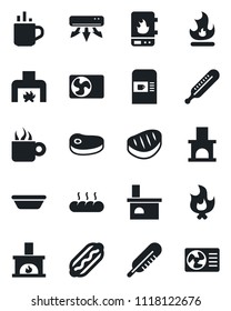 Set of vector isolated black icon - hot cup vector, coffee machine, fire, fireplace, thermometer, air conditioner, bread, steak, dog, bowl, water heater
