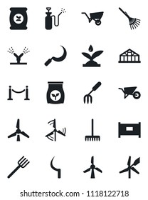 Set of vector isolated black icon - fence vector, garden fork, farm, rake, wheelbarrow, sickle, greenhouse, sprayer, fertilizer, windmill, irrigation