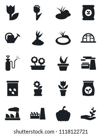 Set of vector isolated black icon - factory vector, flower in pot, seedling, watering can, sproute, pumpkin, greenhouse, seeds, pond, garden sprayer, fertilizer, tulip, palm
