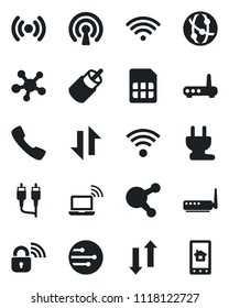 Set of vector isolated black icon - wireless notebook vector, network, share, rca, call, sim, data exchange, power plug, lock, router, home control app