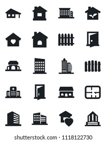 Set of vector isolated black icon - office building vector, fence, house, hospital, with garage, plan, sweet home, city, cafe, eco, door
