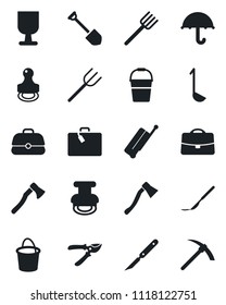 Set of vector isolated black icon - suitcase vector, job, farm fork, bucket, pruner, axe, scalpel, fragile, umbrella, case, stamp, ladle, hard work