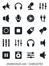Set of vector isolated black icon - vinyl vector, microphone, speaker, loudspeaker, settings, headphones, pause button, stop, rca, tuning, record, sound
