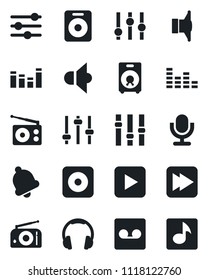 Set of vector isolated black icon - radio vector, speaker, settings, equalizer, microphone, headphones, play button, fast forward, rec, tuning, bell, record, music