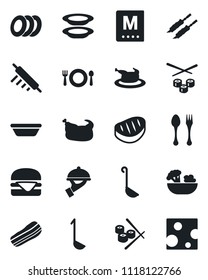 Set of vector isolated black icon - spoon and fork vector, cafe, menu, salad, plates, bacon, waiter, chicken, steak, kebab, hamburger, ladle, bowl, rolling pin, sushi, cheese