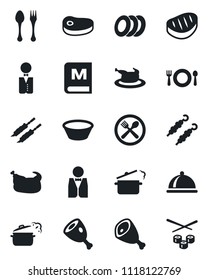 Set of vector isolated black icon - spoon and fork vector, waiter, dish, cafe, menu, plates, chicken, steak, kebab, ham, bowl, steaming pan, sushi