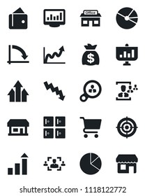 Set of vector isolated black icon - checkroom vector, growth statistic, money bag, crisis graph, store, monitor statistics, pie, hr, target, consumer search, arrow up, wallet, cart, presentation