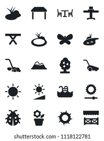Set of vector isolated black icon - cafe vector, flower in pot, lawn mower, butterfly, lady bug, sun, pond, picnic table, brightness, pool, fruit tree, mountains, restaurant, alcove