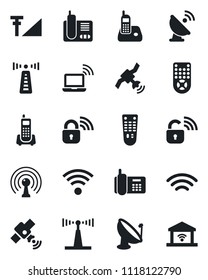 Set of vector isolated black icon - antenna vector, wireless notebook, office phone, satellite, remote control, radio, cellular signal, lock, garage gate