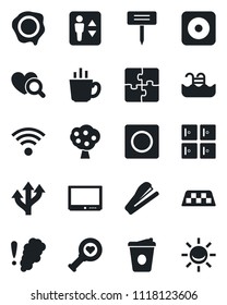 Set of vector isolated black icon - taxi vector, elevator, checkroom, coffee, stamp, plant label, heart diagnostic, route, tv, rec button, record, application, stapler, pool, fruit tree, wireless
