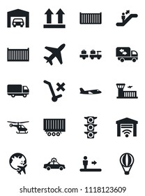 Set of vector isolated black icon - plane vector, escalator, alarm car, baggage larry, helicopter, globe, airport building, traffic light, truck trailer, cargo container, delivery, up side sign