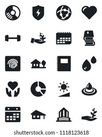 Set of vector isolated black icon - circle chart vector, heart, barbell, hand, term, protect, network, calendar, brightness, fingerprint id, copybook, book, house with garage, tree, water