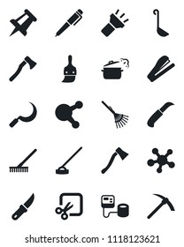 Set of vector isolated black icon - drawing pin vector, rake, hoe, sickle, garden knife, axe, blood pressure, share, themes, torch, cut, pen, stapler, ladle, steaming pan, hard work