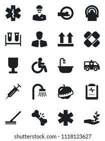 Set of vector isolated black icon - disabled vector, rake, syringe, blood test vial, patch, tomography, ambulance star, car, broken bone, pulse clipboard, diet, doctor, client, fragile, up side sign