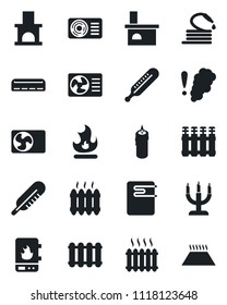 Set of vector isolated black icon - fire vector, hose, fireplace, thermometer, heater, air conditioner, candle, water, smoke detector, radiator, warm floor