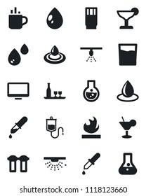 Set of vector isolated black icon - hot cup vector, water drop, dropper, flammable, monitor, alcohol, drink, cocktail, filter, sprinkler, flask