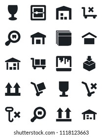 Set of vector isolated black icon - fragile vector, cargo, warehouse storage, up side sign, no trolley, hook, package, search, scanner, blank box