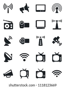 Set of vector isolated black icon - antenna vector, satellite, radio, loudspeaker, tv, video camera, wireless