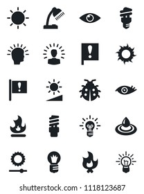 Set of vector isolated black icon - bulb vector, lady bug, fire, sun, eye, important flag, brightness, desk lamp, water, energy saving, shining head, idea