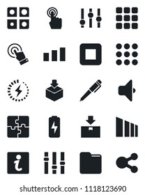 Set of vector isolated black icon - package vector, sorting, settings, touch screen, stop button, menu, folder, charge, application, pen, sound, information, social media