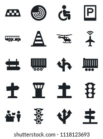 Set of vector isolated black icon - airport tower vector, plane radar, taxi, bus, parking, passport control, signpost, border cone, helicopter, disabled, route, traffic light, truck trailer