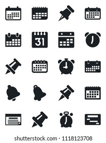 Set of vector isolated black icon - alarm clock vector, drawing pin, calendar, term, paper, bell, schedule