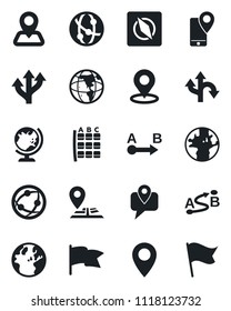 Set of vector isolated black icon - globe vector, seat map, route, navigation, earth, pin, mobile tracking, network, place tag, compass, flag
