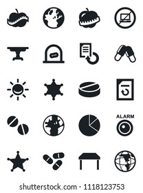 Set of vector isolated black icon - no laptop vector, ticket office, document reload, pills, diet, earth, pie graph, table, police, alarm led