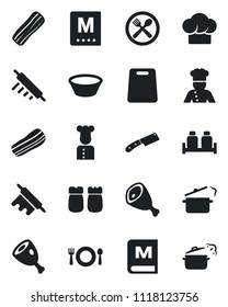 Set of vector isolated black icon - cook vector, cafe, hat, menu, bacon, salt and pepper, ham, bowl, rolling pin, cutting board, knife, steaming pan