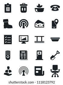 Set of vector isolated black icon - medical room vector, shovel, boot, client, mobile tracking, film frame, antenna, monitor statistics, news, identity card, checklist, contract, phone, salad, bowl