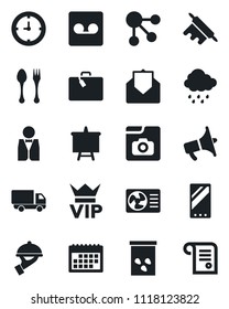 Set of vector isolated black icon - suitcase vector, spoon and fork, vip, presentation board, rain, seeds, car delivery, clock, loudspeaker, mail, mobile, record, photo gallery, calendar, waiter