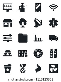 Set of vector isolated black icon - shop vector, medal, coffee, tree, garden sprayer, monitor pulse, ambulance star, stomach, car delivery, satellite antenna, vinyl, mobile, tuning, folder, book