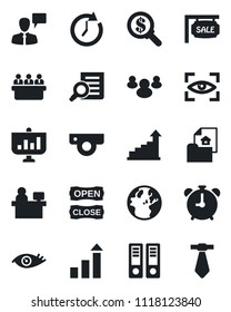 Set of vector isolated black icon - alarm clock vector, speaking man, growth statistic, office binder, document search, meeting, manager place, eye, group, estate, sale, open close, web camera, scan
