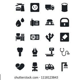 Set of vector isolated black icon - office chair vector, desk, factory, stethoscope, ambulance car, implant, route, phone, delivery, oil barrel, heavy scales, heart, notes, lock, ink pen, socket