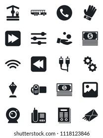Set of vector isolated black icon - airport bus vector, phone, pennant, glove, well, cash, video camera, radio, fast forward, rewind, rca, gallery, tuning, wireless, contract, web, gear, investment