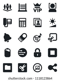 Set of vector isolated black icon - no laptop vector, vip, stop button, bell, network, folder, brightness, cut, face id, music, photo gallery, battery, calculator, abacus, company, lock, intercome