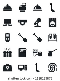 Set of vector isolated black icon - notebook pc vector, job, doctor case, blood pressure, test vial, microphone, copier, heater, dish, ladle, turkish coffee, remote control, water, web camera