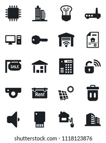 Set of vector isolated black icon - warehouse vector, sun panel, estate document, sale, rent, office building, key, home control, chip, wireless lock, router, web camera, pc, bulb, sound, trash bin