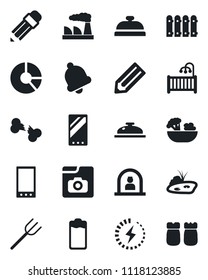 Set of vector isolated black icon - reception vector, factory, pencil, circle chart, farm fork, broken bone, battery, mobile, bell, photo gallery, charge, pond, fence, children room, salad