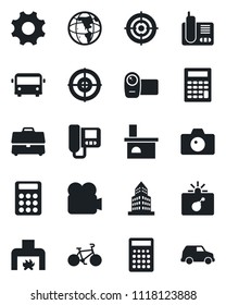 Set of vector isolated black icon - airport bus vector, bomb in case, camera, fireplace, bike, video, radio phone, settings, office building, calculator, target, intercome, earth, car