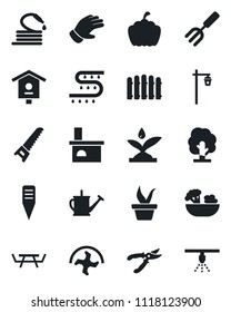 Set of vector isolated black icon - garden fork vector, ripper, fence, seedling, tree, watering can, pruner, glove, saw, hose, plant label, pumpkin, light, fireplace, picnic table, bird house, salad
