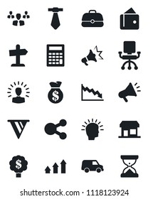 Set of vector isolated black icon - group vector, arrow up graph, shining head, wallet, money bag, pennon, crisis, office chair, case, calculator, car, social media, advertising, tie, tree