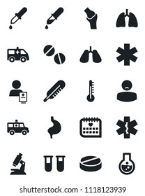 Set of vector isolated black icon - blood test vial vector, dropper, thermometer, microscope, pills, ambulance star, car, stomach, lungs, joint, medical calendar, patient, flask